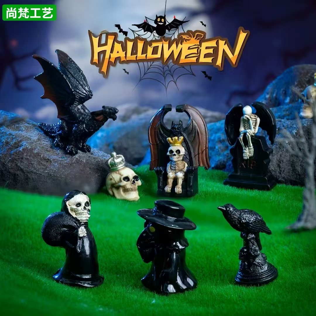 微景观万圣节骷髅蝙蝠公仔摆件