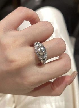 S925纯银豪镶满钻黑钻真多麻灰珍珠戒指高级感老钱风气质轻奢指环