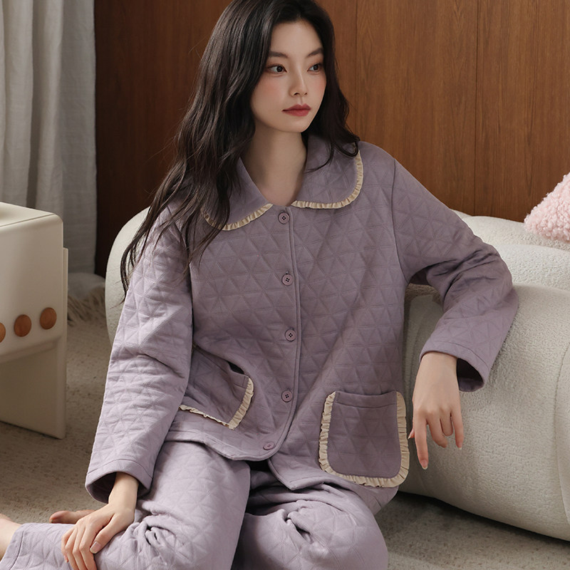 睡衣女秋冬加厚纯棉长袖冬天空气棉夹层中年妈妈薄夹棉家居服加棉