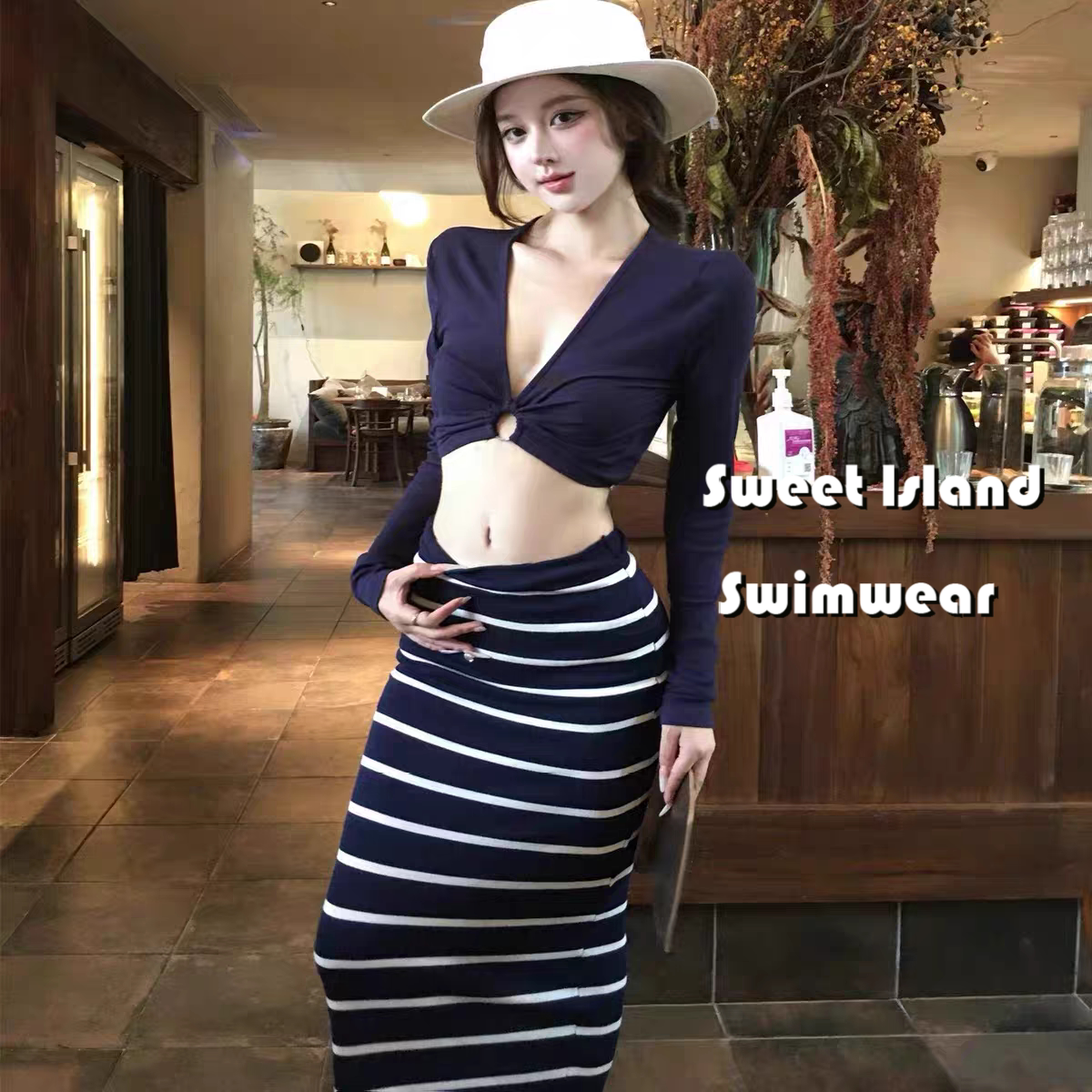 比基尼分体泳衣女条纹长裙防晒性感辣妹纯欲风海边海滩度假风温泉