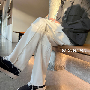 春季新款宽松百搭拖地牛仔裤TY333P55控68,深蓝色牛仔外套搭配裤子男生图片