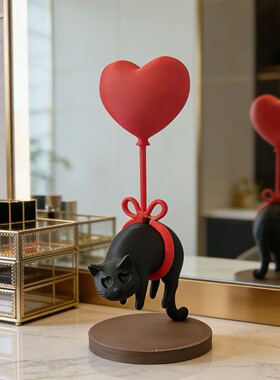 创意悬浮黑猫爱心气球桌面摆件3D打印治愈系家居装饰情人节礼物