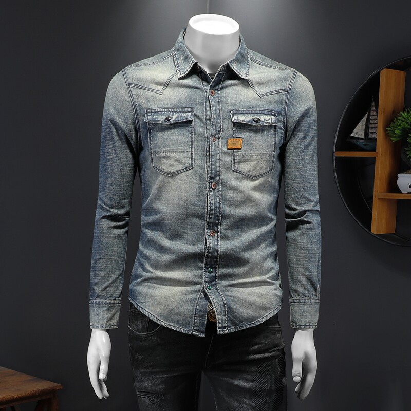730/W50014/P150复古做旧水洗牛仔衬衣男士帅气简约主推，男装衬衫，钱塘730-1