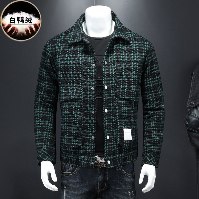 冬季羽绒服男黑绿格子翻领多口袋羽绒服美式呢料羽绒98805/P280，男装羽绒服，钱塘730-1