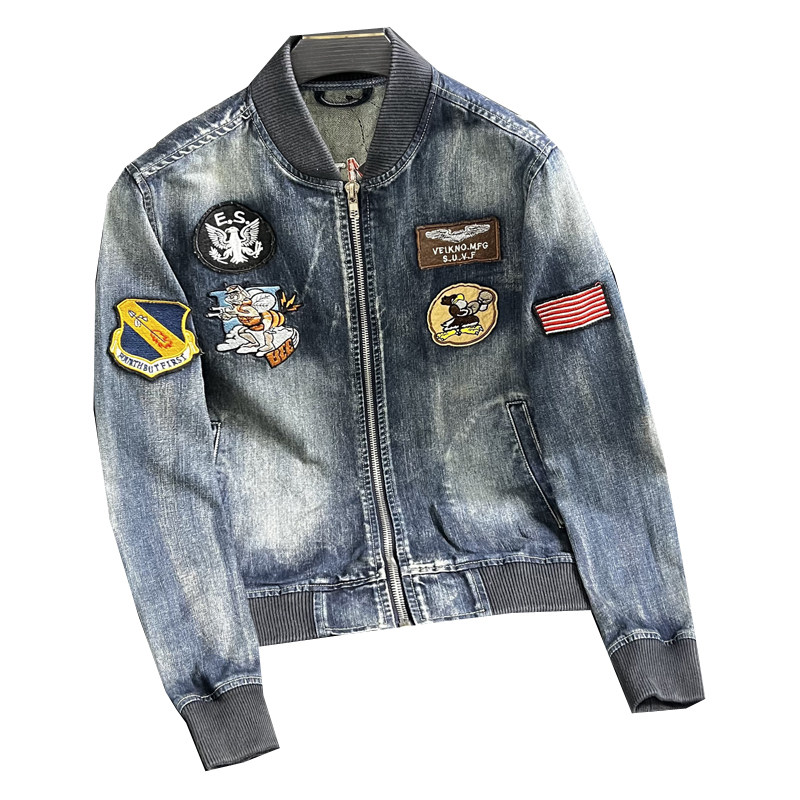 秋徽章棒球领刺绣牛仔服休闲修身牛仔外套男士H206209/P220沙发,男装夹克,钱塘730-1