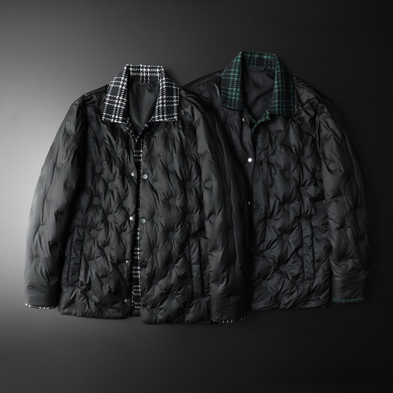 新风格冬新款呢料拼接假两件羽绒服男士修身好T88027/P280,男装羽绒服,钱塘730-1