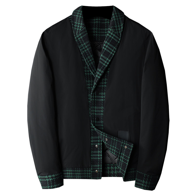 1新风格冬季呢料拼接青果领羽绒服男士修身Y88023/P280大货,男装羽绒服,钱塘730-1
