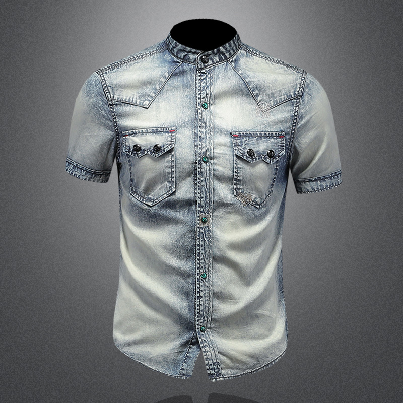 730/14050/P120朋克立领复古水洗牛仔短袖衬衣男士修身款式镂空，男装T恤，钱塘730-1