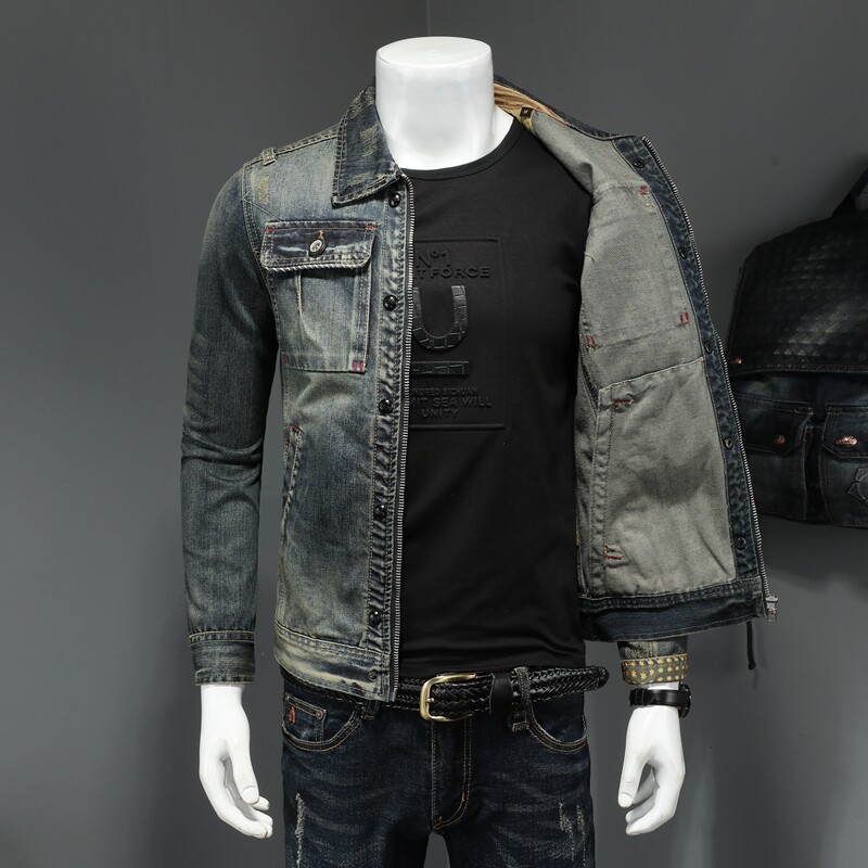 秋天730/H4000/P195高品质牛仔衣复古色拉链牛仔服,男装工装外套,钱塘730-1