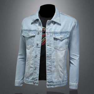 730/N9032/P145浅色翻领简约牛仔夹克外套男士修身短款金属牛仔衣,男装夹克,钱塘730-1
