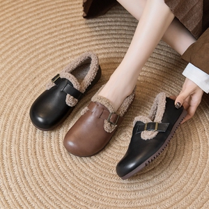 头层牛皮毛毛鞋女2024冬季新款复古平底真皮加绒单鞋妈妈保暖棉鞋