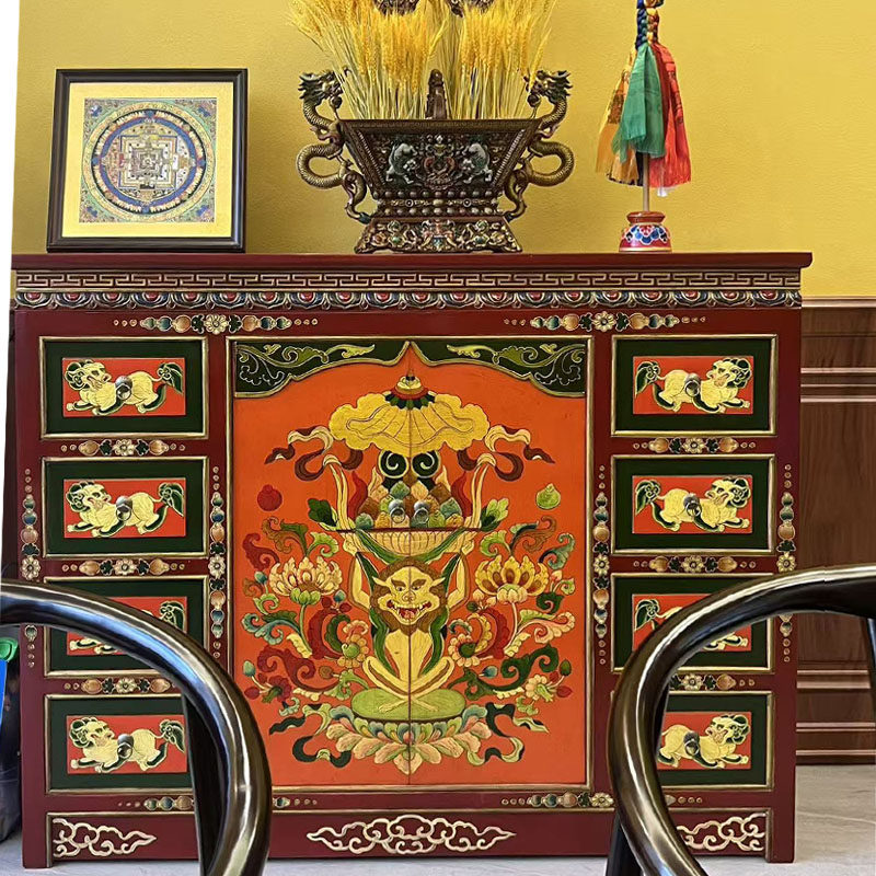 民族风中式彩绘餐边柜实木储物柜客厅装饰柜定制藏式手工绘画家具