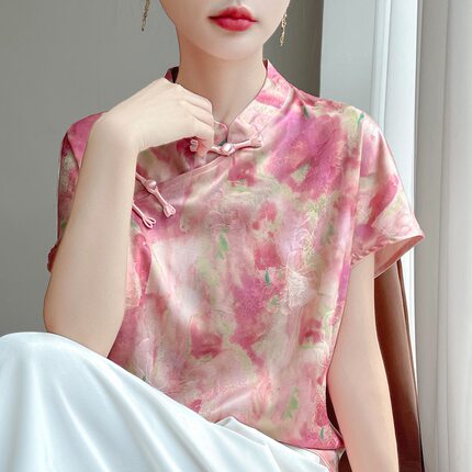 中国风重磅提花纽扣真丝七分袖香云纱女宽松显瘦上衣女