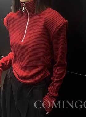 【商场同款】COMINGO条纹长袖套头拉链垫肩款针织衫上衣女25春装