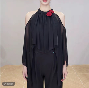 Lp原创摩登舞舞服夏季新款时尚女士露肩飘纱连体上衣自带胸垫