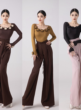 鲸艺舞服新春系列J127J143三色花朵长袖连体摩登舞拉丁舞女上衣