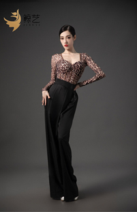 MF舞服鲸艺摩登舞时尚网纱连体长袖上衣自带胸垫拉丁舞练工舞服