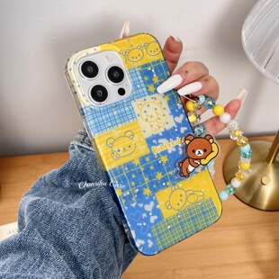 春日部防卫队Fighting｜可爱卡通黄格子星星轻松熊适用苹果16promax手机壳女创日韩ins风挂绳iphone15/14/13