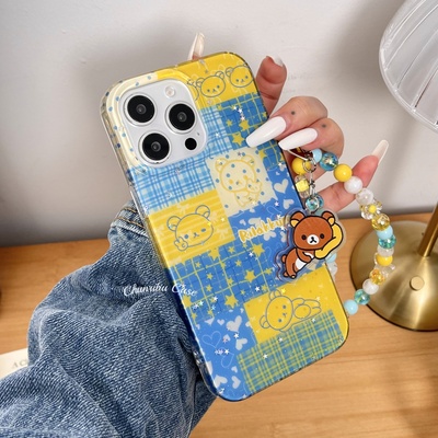 春日部防卫队Fighting｜可爱卡通黄格子星星轻松熊适用苹果16promax手机壳女创日韩ins风挂绳iphone15/14/13
