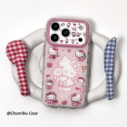 春日部防卫队Fighting｜日韩ins风可爱少女心粉底细闪镂空kt猫围边适用苹果17/16promax圆边手机壳iphone15