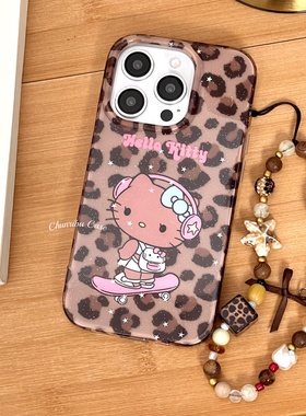 春日部防卫队Fighting｜日韩可爱卡通豹纹黑皮滑板kitty适用苹果16promax手机壳挂坠清新少女iphone15/14/13