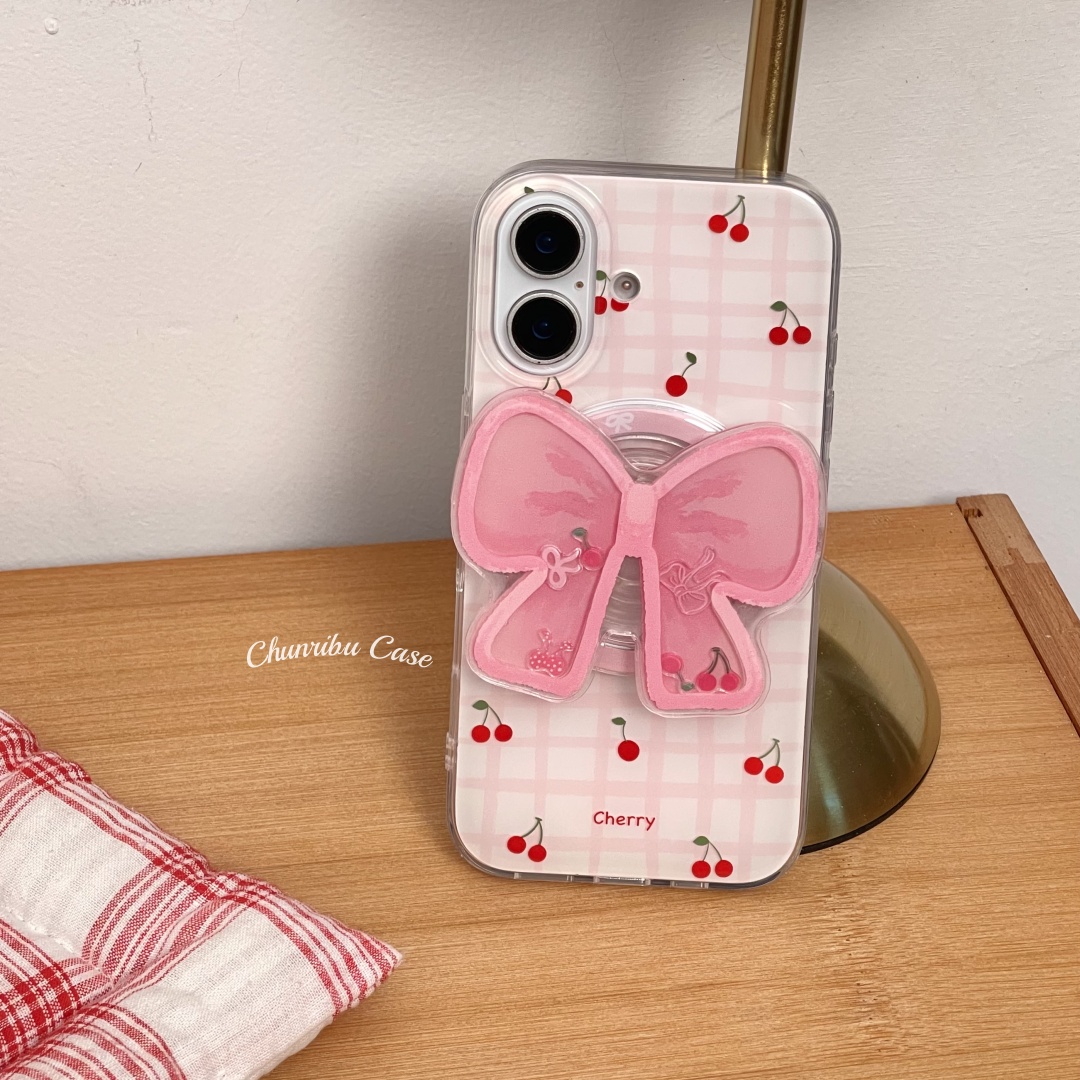春日部防卫队Fighting｜可爱卡通小清新粉格纹樱桃cherry适用苹果16promax手机壳日韩磁吸支架iphone15/14/13