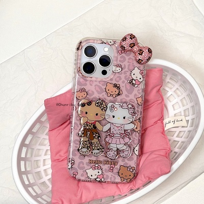 春日部防卫队Fighting｜可爱卡通豹纹黑皮爱心hellokitty适用苹果16手机壳双层点钻支架iphone15promax14/13