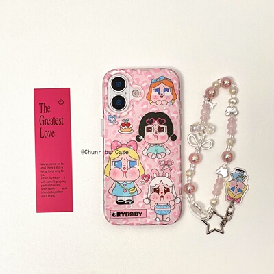 春日部防卫队Fighting｜可爱卡通粉豹纹樱桃蛋糕哭娃适用苹果16promax手机壳女日韩ins风挂绳iphone15/14/13