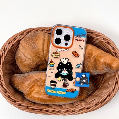 春日部防卫队Fighting｜可爱卡通咖啡师小黑猫适用苹果17/16promax手机壳立标日韩ins风新款iphone15/14/13