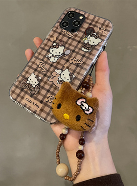 日韩ins风简约格子豹纹hellokitty毛绒凯蒂猫挂绳适用苹果16promax手机壳15/14/iphone13全包12/11防摔保护套