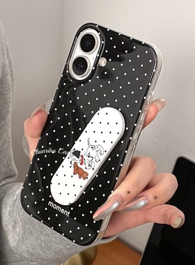 春日部防卫队Fighting｜日韩ins风黑底白波点moment适用苹果16promax手机壳斑点狗创可贴支架iphone15/14/13