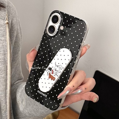 春日部防卫队Fighting｜日韩ins风黑底白波点moment适用苹果16promax手机壳斑点狗创可贴支架iphone15/14/13