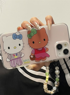 可爱卡通小众创意ins软萌简约少女粉底两只HelloKitty适用苹果16/15promax手机壳iphone14全包防摔13挂绳12