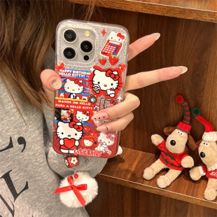 iPhone14promax13 日韩ins风可爱卡通闪粉hellokitty凯蒂猫毛球吊坠三丽鸥适用苹果15手机壳创意个性