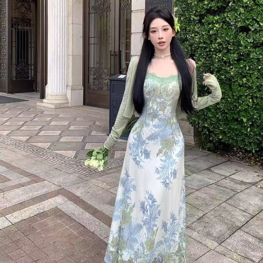 纯欲风蕾丝拼接印花吊带连衣裙女连衣裙