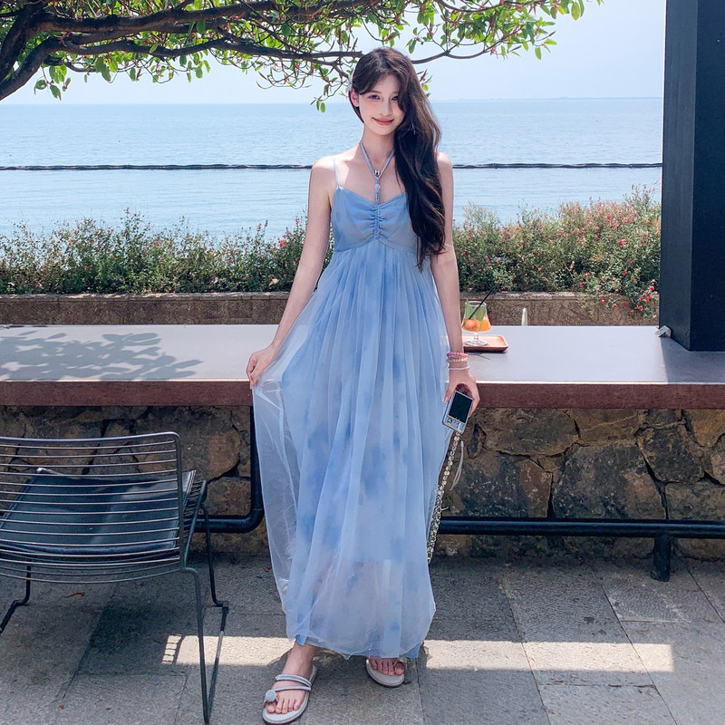 夏季新款法式晕染抹胸吊带连衣裙女