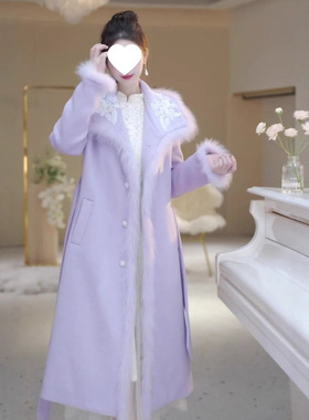 公主风毛呢大衣气质外套冬季女过膝风衣裙爆款加绒加厚大衣大码潮