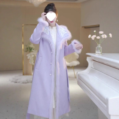 公主风毛呢大衣气质外套冬季女过膝风衣裙爆款加绒加厚大衣大码潮