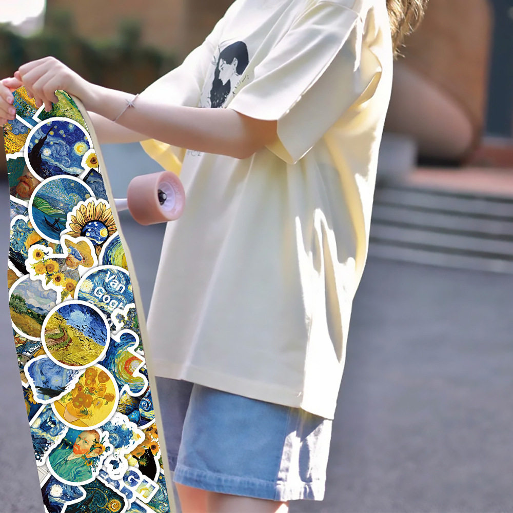 100张梵高贴纸 艺术复古油画风笔记本滑板车防水DIY装饰涂鸦贴