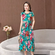 Áo cotton mùa hè và vải lanh hoa dài phần trên đầu gối và phụ nữ lớn tuổi thả lỏng váy cotton nhân tạo kích thước lớn - Quần áo của mẹ