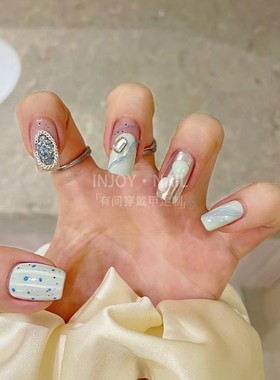 定制夏日清爽海盐绿涂鸦手绘假指甲贴片显白小清新甜酷girl穿戴甲