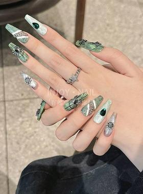 暗黑墨绿色辣妹黑色立体黑蜘蛛手绘美甲贴片欧美白蛇纯手工穿戴甲