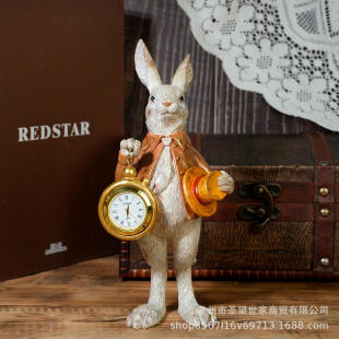 跨境新品 饰品摆件 戴礼帽绅士兔可爱动物复活节树脂创意怀表时钟装