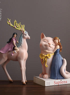 北欧风格创意礼品小摆件女孩骑鹿卧室房客厅儿童树脂装饰品