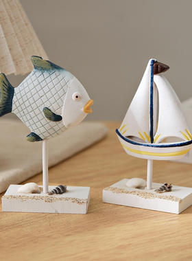 地中海摆件蓝白木质海马海鱼海星灯塔多种图案小家居装饰装饰