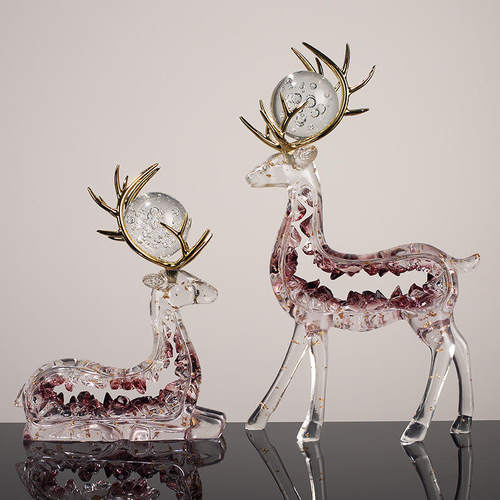 玄关透明招财鹿摆件一对轻奢高档酒柜客厅创意电视柜办公室装饰品