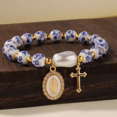 Patterned Bead Carved Portrait Cross Bracelet Suitable Women