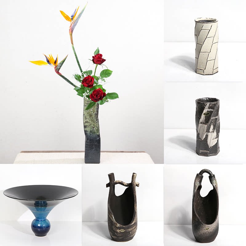 日本进口花器 手作信乐烧直筒插花花瓶 简约日式花道投入瓶小原流