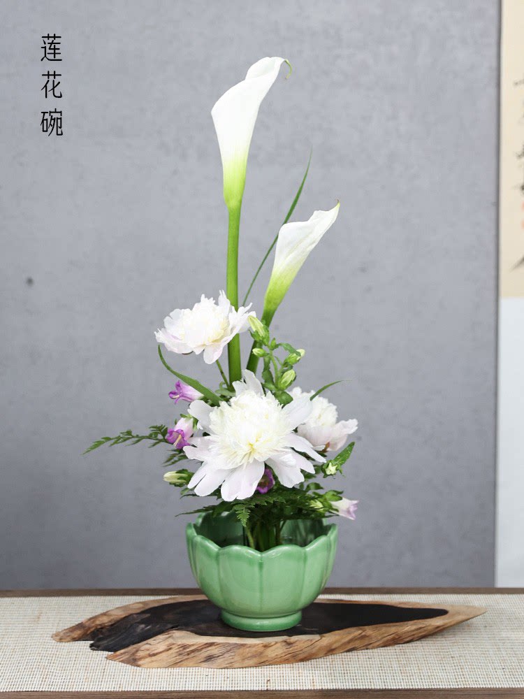 器莲花碗陶瓷仿古釉瓷花器enb汝窑天青花口注碗多孔花盆花插花道