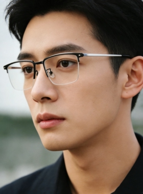 明月PMC/康耐特纯钛变色近视眼镜眉线半框54男士商务防蓝光光学镜
